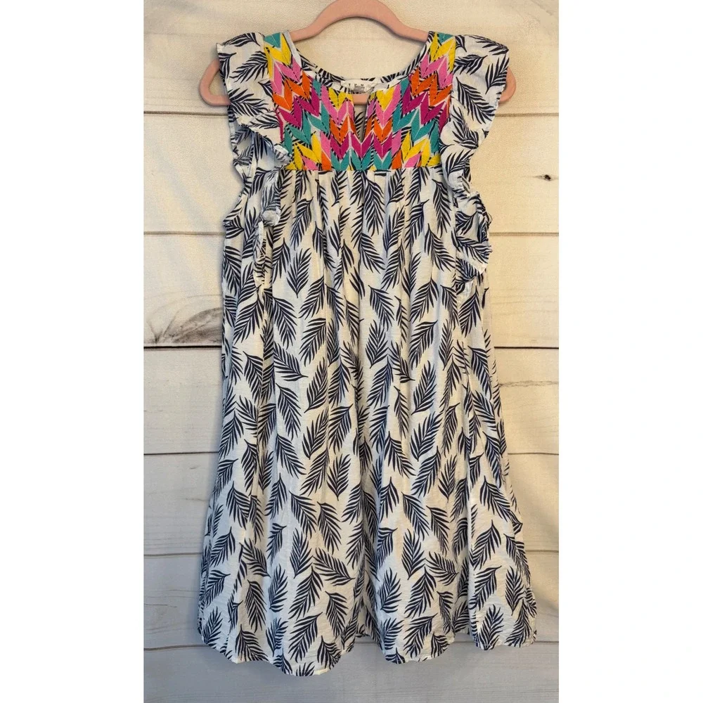 THML Women Navy Palm Print Mini Dress Embroidered Yoke Ruffle Sleeve Small